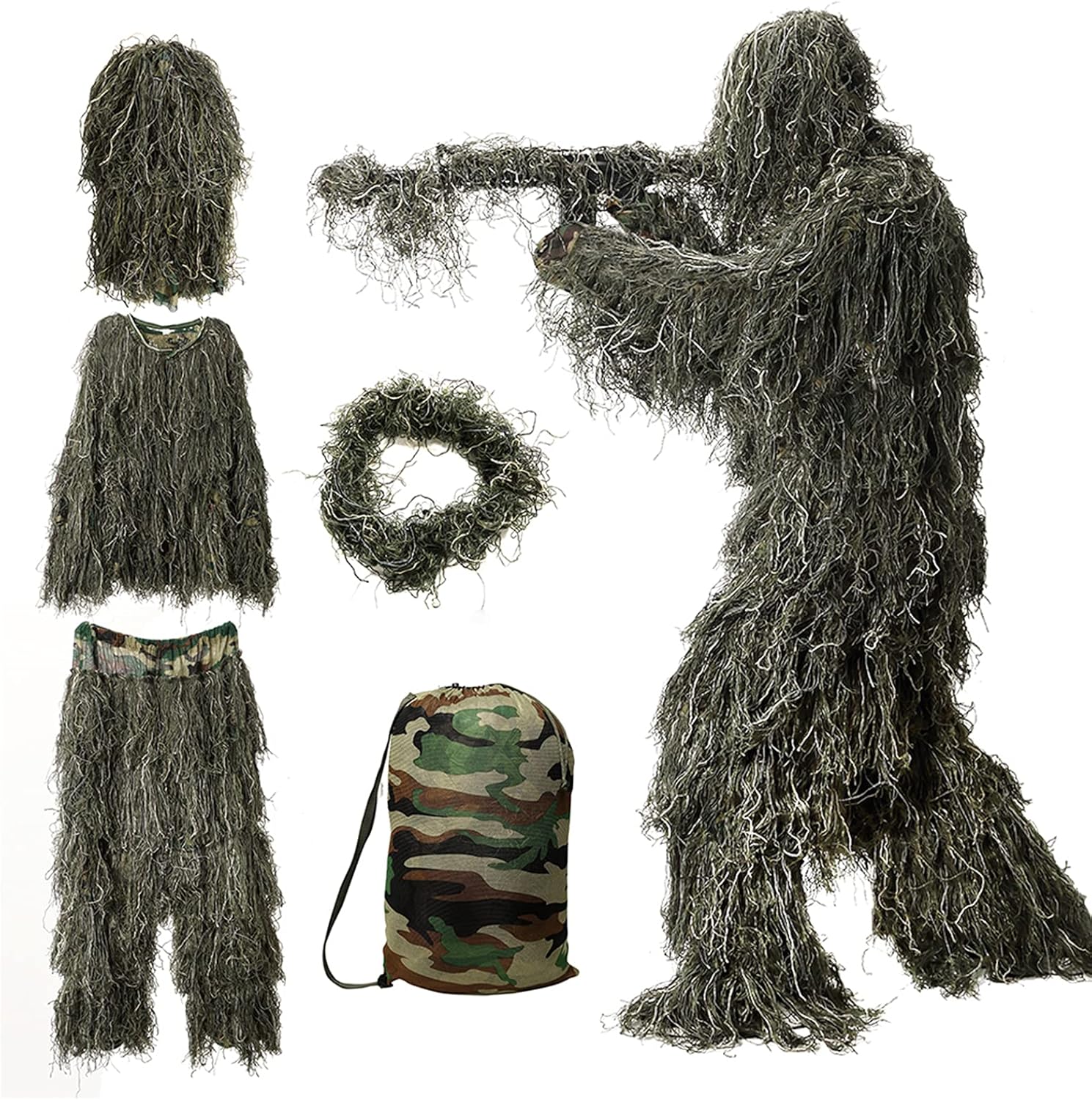 DoCred 5 in 1 Ghillie Suit, 3D Camouflage Hunting Apparel w/Jacket, Pants, Hood, Carry Bag for Adults/Youth, S/M/L/XL/XXL