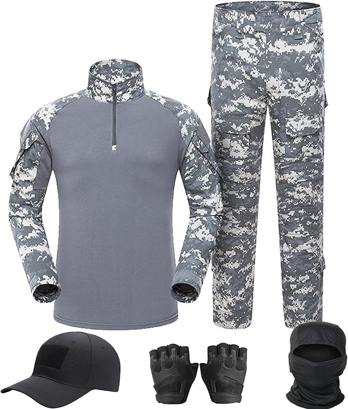 Tactical Suit,Combat Pants and Shirt,Cap Gloves Balaclava Set,Black Camo Uniform Men's Military Airsoft Gear