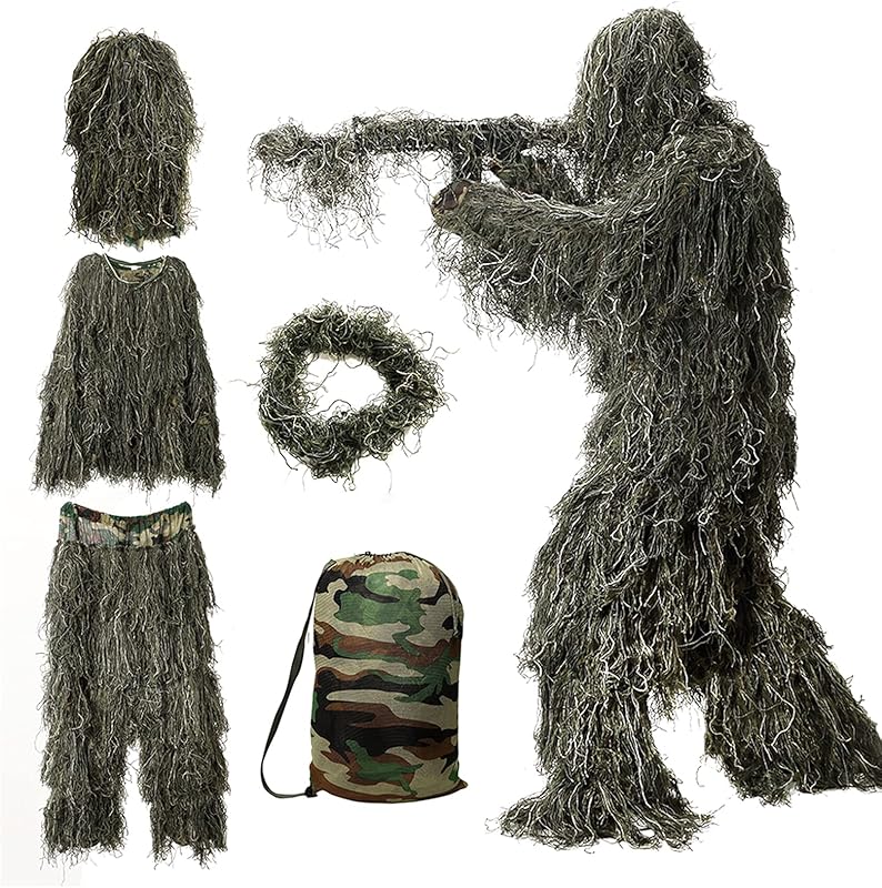 DoCred 5 in 1 Ghillie Suit, 3D Camouflage Hunting Apparel w/Jacket, Pants, Hood, Carry Bag for Adults/Youth, S/M/L/XL/XXL