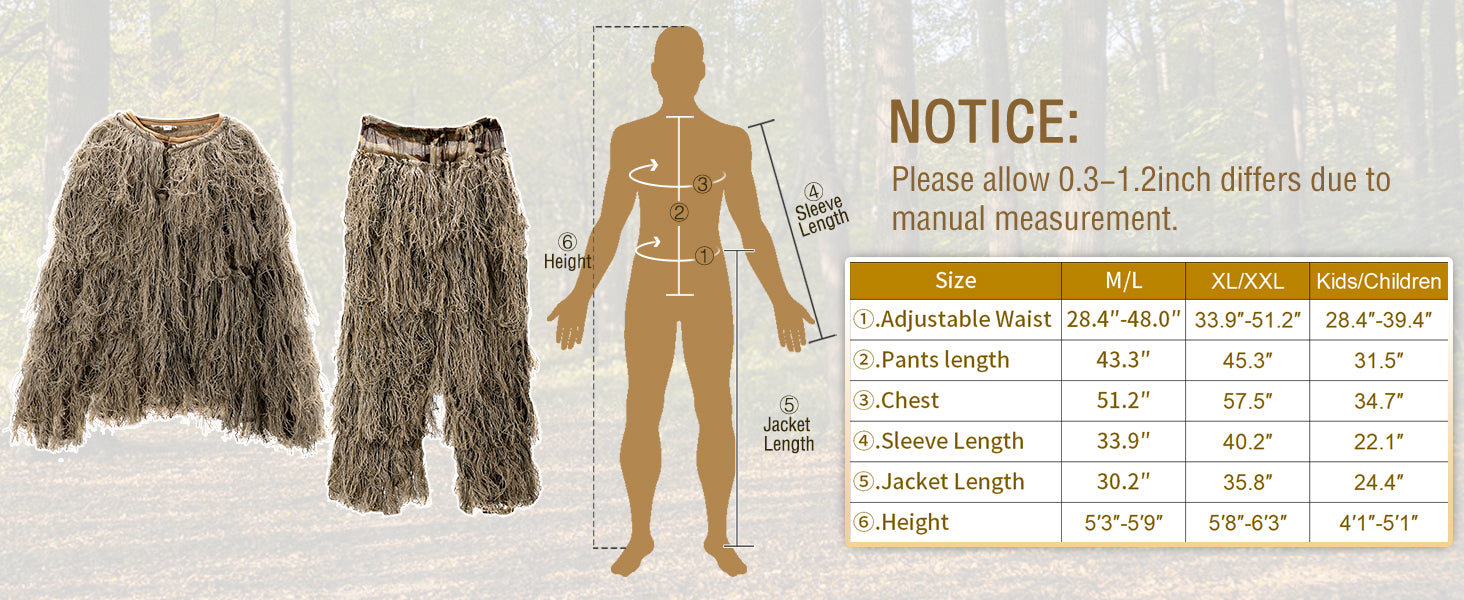 DoCred 5 in 1 Ghillie Suit, 3D Camouflage Hunting Apparel w/Jacket, Pants, Hood, Carry Bag for Adults/Youth, S/M/L/XL/XXL