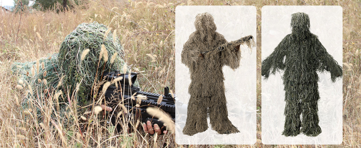 DoCred 5 in 1 Ghillie Suit, 3D Camouflage Hunting Apparel w/Jacket, Pants, Hood, Carry Bag for Adults/Youth, S/M/L/XL/XXL