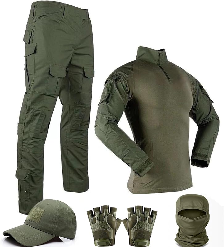 Tactical Suit,Combat Pants and Shirt,Cap Gloves Balaclava Set,Black Camo Uniform Men's Military Airsoft Gear