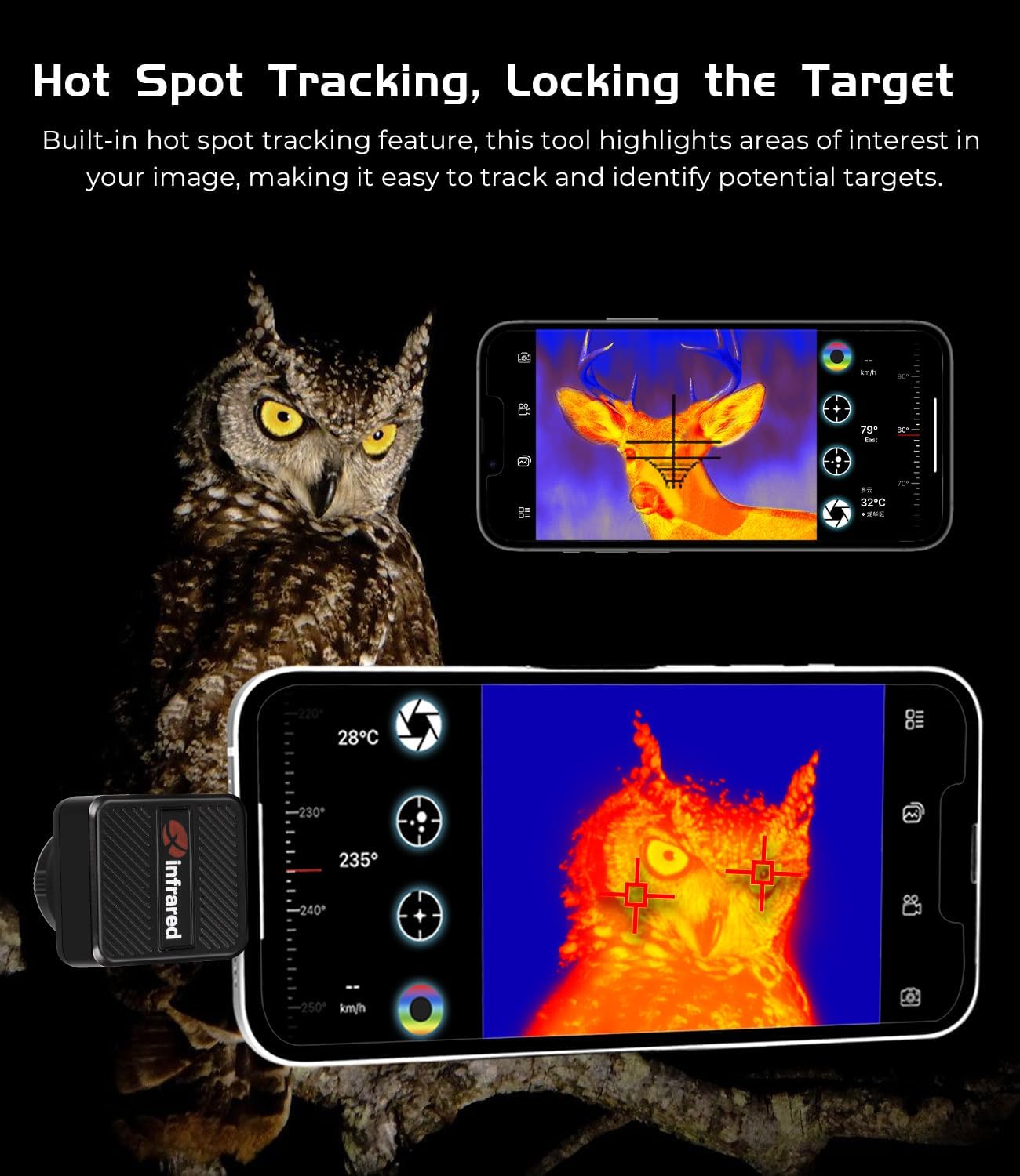 InfiRay T2 Pro Thermal Monocular for iPhone, Outdoor Night Vision Monocular, 25Hz Frame Rate, 13mm Focal Length, 13.6X10.2 FOV, Hot Spot Tracking