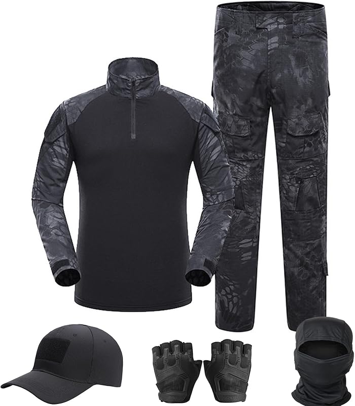Tactical Suit,Combat Pants and Shirt,Cap Gloves Balaclava Set,Black Camo Uniform Men's Military Airsoft Gear