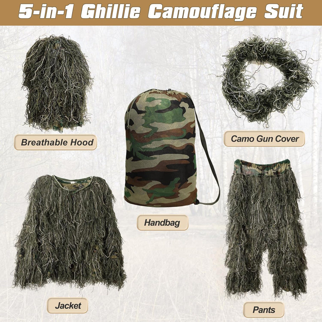 DoCred 5 in 1 Ghillie Suit, 3D Camouflage Hunting Apparel w/Jacket, Pants, Hood, Carry Bag for Adults/Youth, S/M/L/XL/XXL