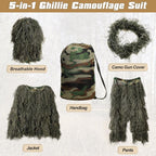 DoCred 5 in 1 Ghillie Suit, 3D Camouflage Hunting Apparel w/Jacket, Pants, Hood, Carry Bag for Adults/Youth, S/M/L/XL/XXL