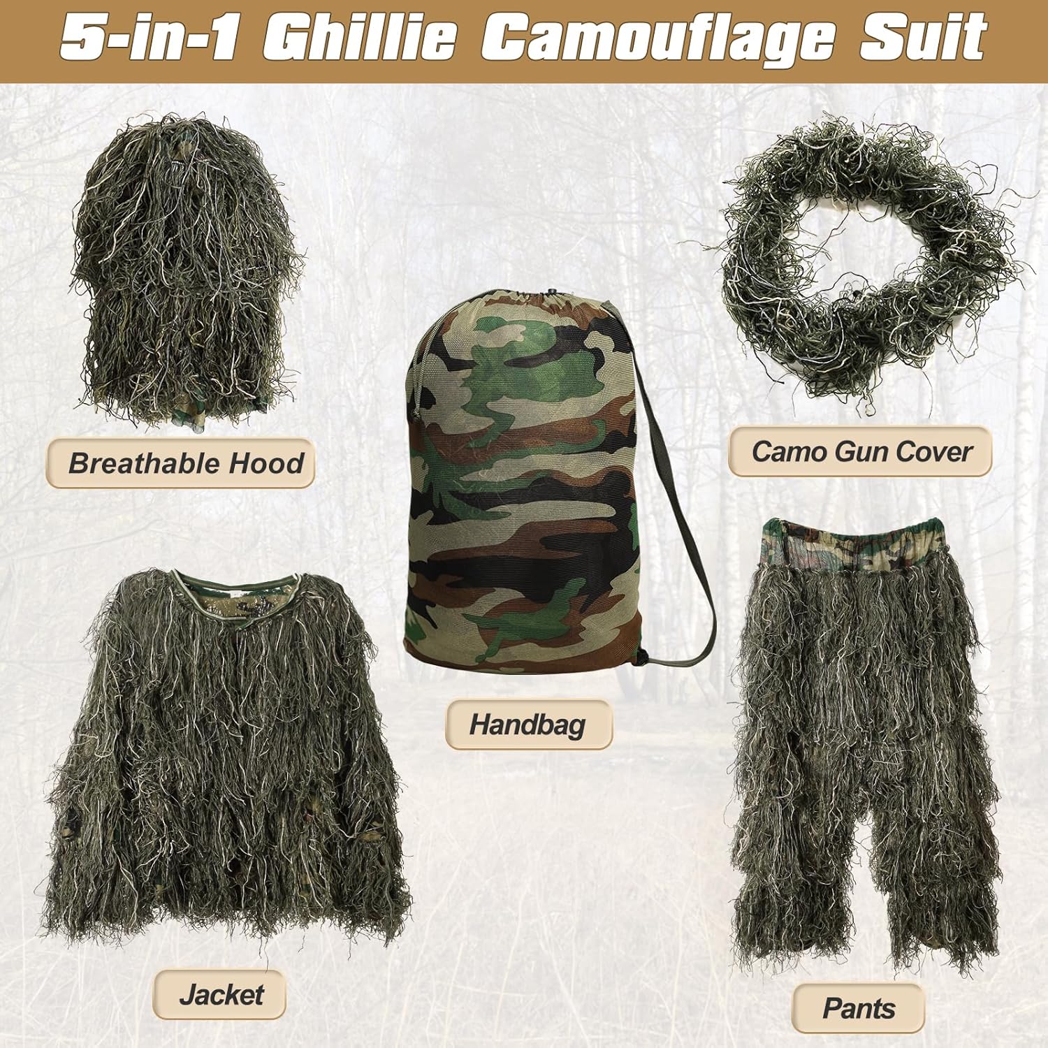 DoCred 5 in 1 Ghillie Suit, 3D Camouflage Hunting Apparel w/Jacket, Pants, Hood, Carry Bag for Adults/Youth, S/M/L/XL/XXL