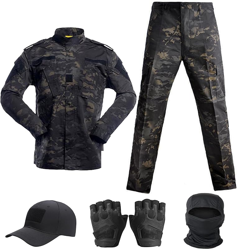 Tactical Suit,Combat Pants and Shirt,Cap Gloves Balaclava Set,Black Camo Uniform Men's Military Airsoft Gear