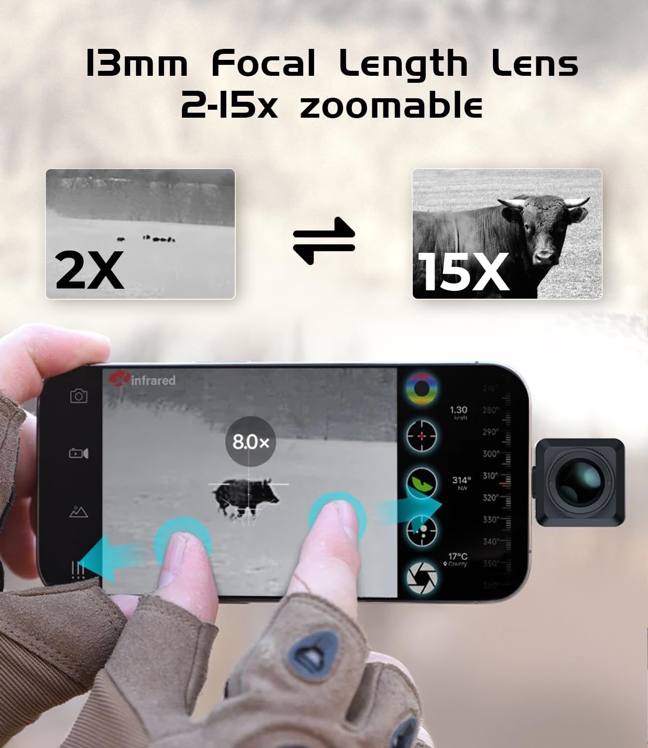 InfiRay T2 Pro Thermal Monocular for iPhone, Outdoor Night Vision Monocular, 25Hz Frame Rate, 13mm Focal Length, 13.6X10.2 FOV, Hot Spot Tracking