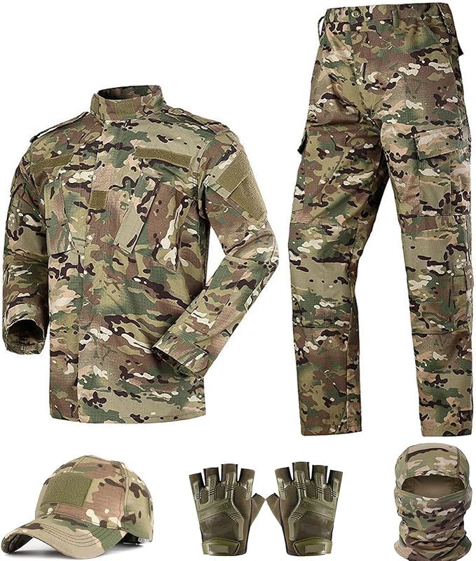 Tactical Suit,Combat Pants and Shirt,Cap Gloves Balaclava Set,Black Camo Uniform Men's Military Airsoft Gear