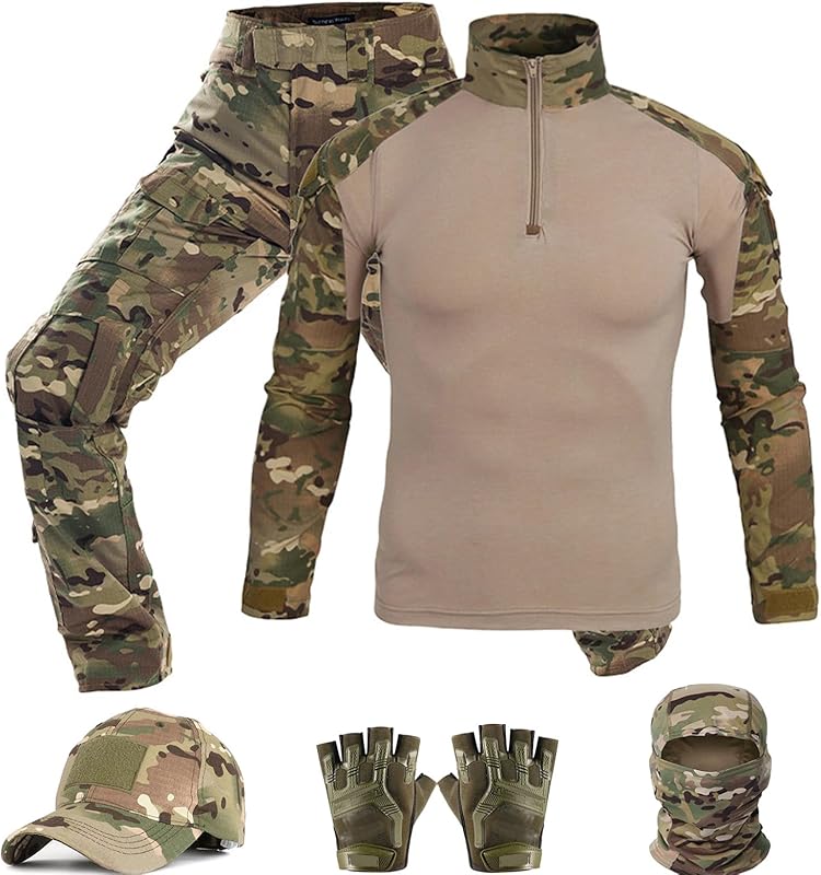 Tactical Suit,Combat Pants and Shirt,Cap Gloves Balaclava Set,Black Camo Uniform Men's Military Airsoft Gear