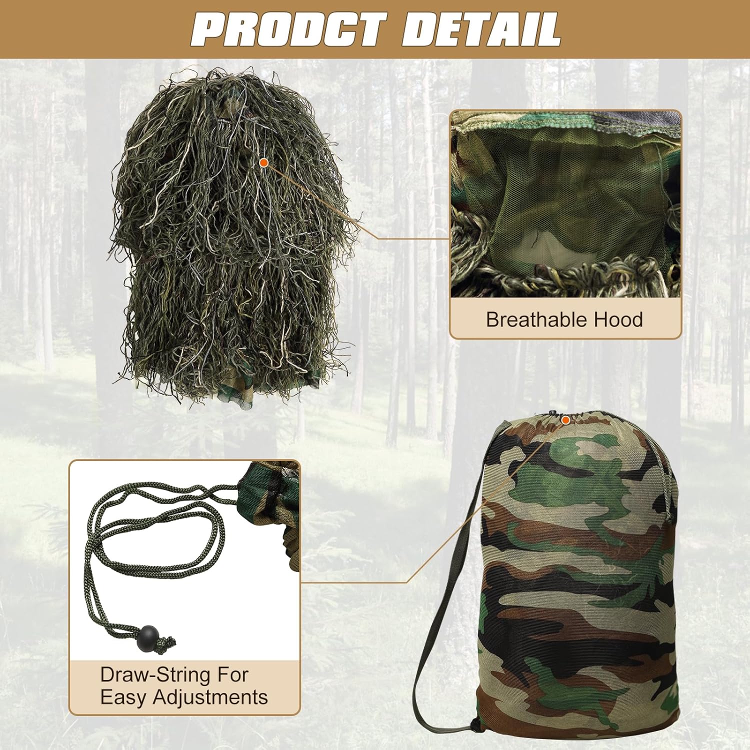 DoCred 5 in 1 Ghillie Suit, 3D Camouflage Hunting Apparel w/Jacket, Pants, Hood, Carry Bag for Adults/Youth, S/M/L/XL/XXL