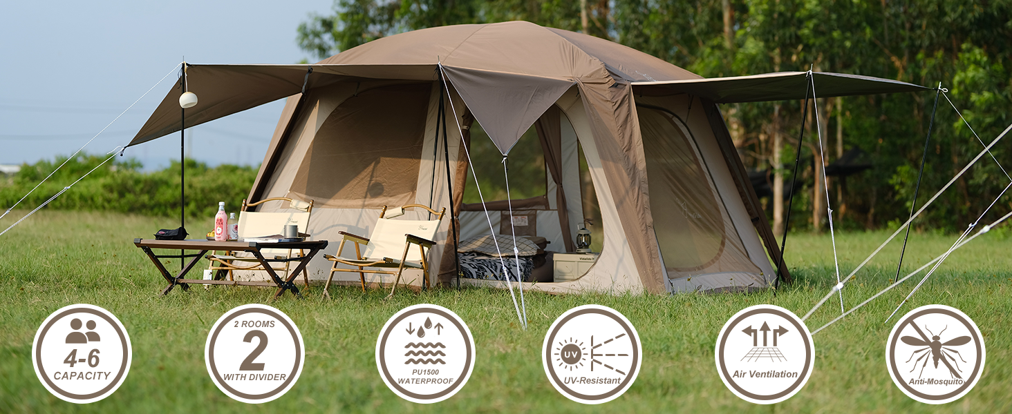 Vidalido 4-6 Person Camping Tent with 3 Door 2 Room Large Family Cabin Tents, Double Layer Waterproof Portable Glamping Tent, Big Tents for Outdoor Camping Hiking and Backpacking