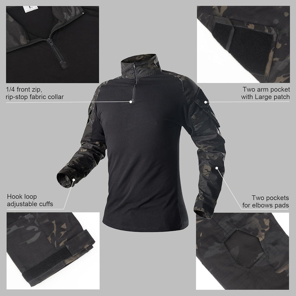 Tactical Suit,Combat Pants and Shirt,Cap Gloves Balaclava Set,Black Camo Uniform Men's Military Airsoft Gear