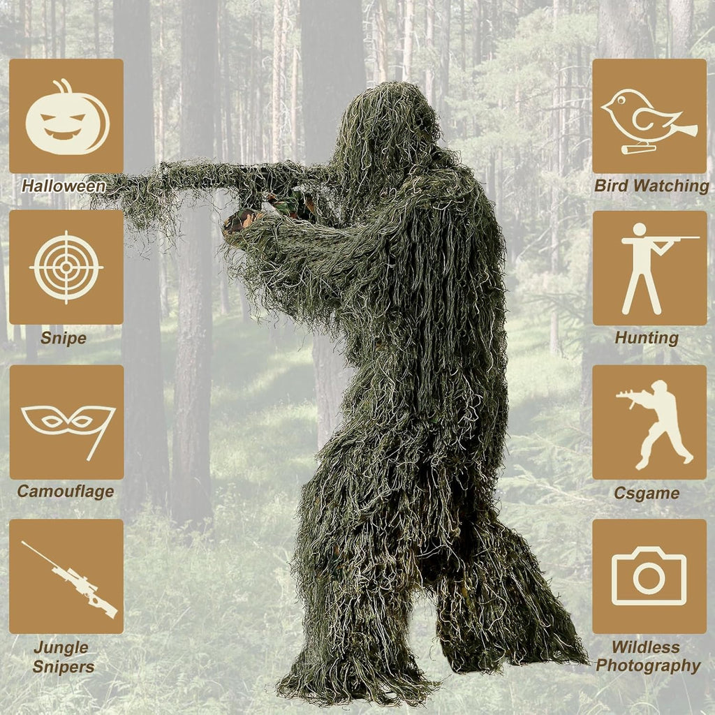 DoCred 5 in 1 Ghillie Suit, 3D Camouflage Hunting Apparel w/Jacket, Pants, Hood, Carry Bag for Adults/Youth, S/M/L/XL/XXL