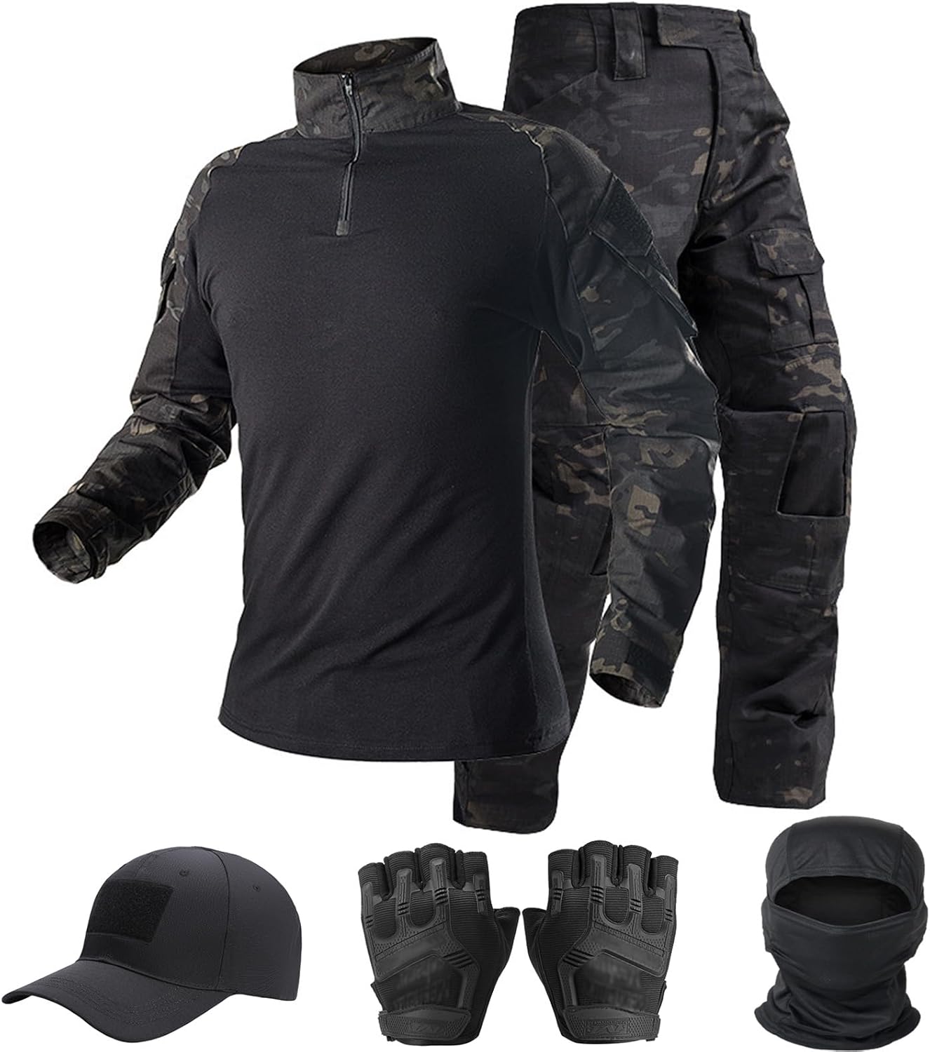 Tactical Suit,Combat Pants and Shirt,Cap Gloves Balaclava Set,Black Camo Uniform Men's Military Airsoft Gear