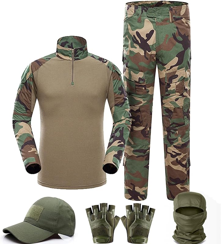 Tactical Suit,Combat Pants and Shirt,Cap Gloves Balaclava Set,Black Camo Uniform Men's Military Airsoft Gear
